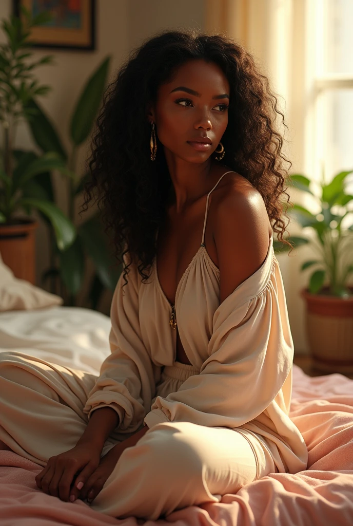 (photorealism:1.2), beautiful black woman, sitting on bed, wearing loose off-shoulder top, pajama pants, long curly hair, indoors, soft lighting, plants in background, window with sunlight, cozy room, relaxed pose, realistic, intricate details, warm colors, by Greg Rutkowski, by Alphonse Mucha