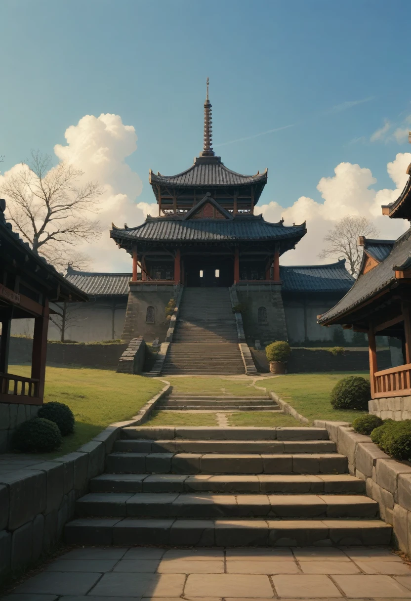 sayudef, full body, smile, blush, outdoors, daytime, simple background, blue sky, short hair, sky, temple, looking at the audience, sitting on the stairs, village, moody lights,