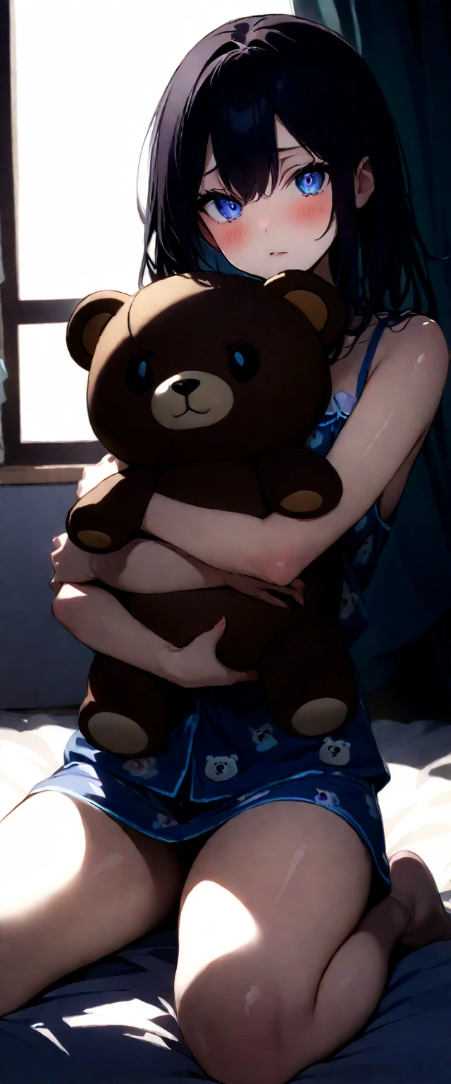 (highest quallity),(work of art), 8k,very detailled, detailed light, best shade,Detailed reflective eyes, very detailledな顔,shiny hair,(1 girl:1.2),Woman,glans,Bblack hair,embarrassing,blush,nice fingers,beautiful hands,all-body,blue colored eyes,(Medium length hair:1.2),fine tune,mole under the eye,pijamas,(Plush polar bear:1.2),(Big teddy bear:1.2),Hug a stuffed animal,(Watery eyes 1.2), with sexy sleepwear