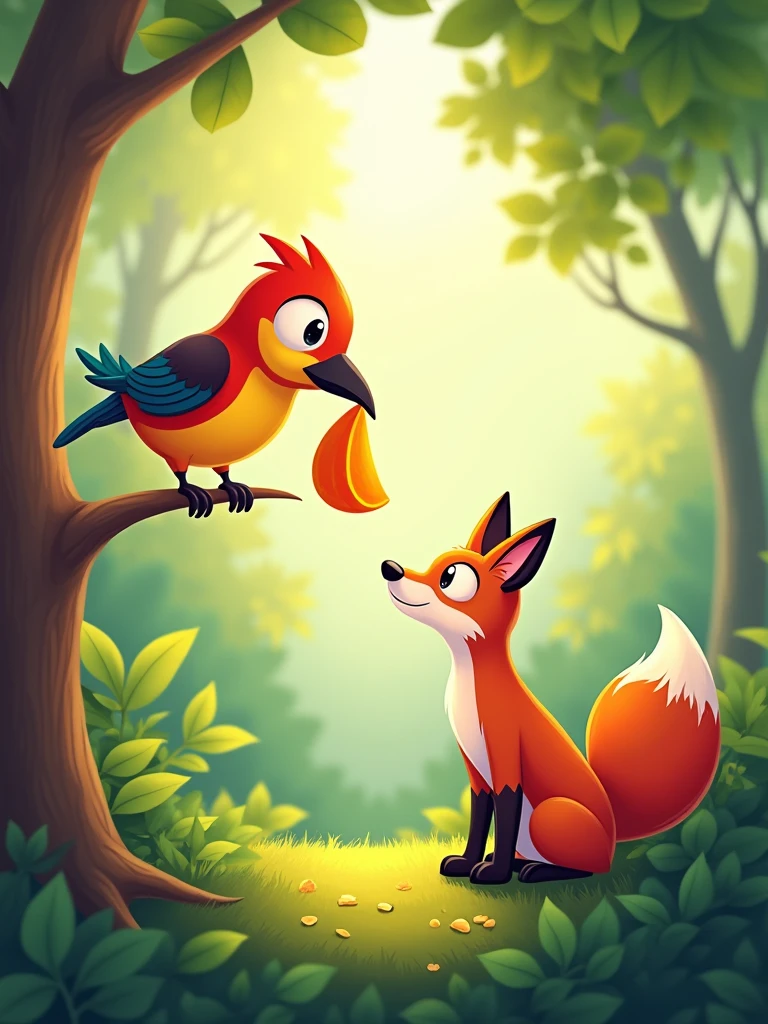 A bird sitting on a tree branch, holding a piece of papaya in its beak, surprised by a sly fox looking up and smiling, as a piece of papaya falls from the bird's mouth, the fox ready to catch it, in a green forest with sunlight glinting through the leaves, a children's story-like colorful and humorous scene