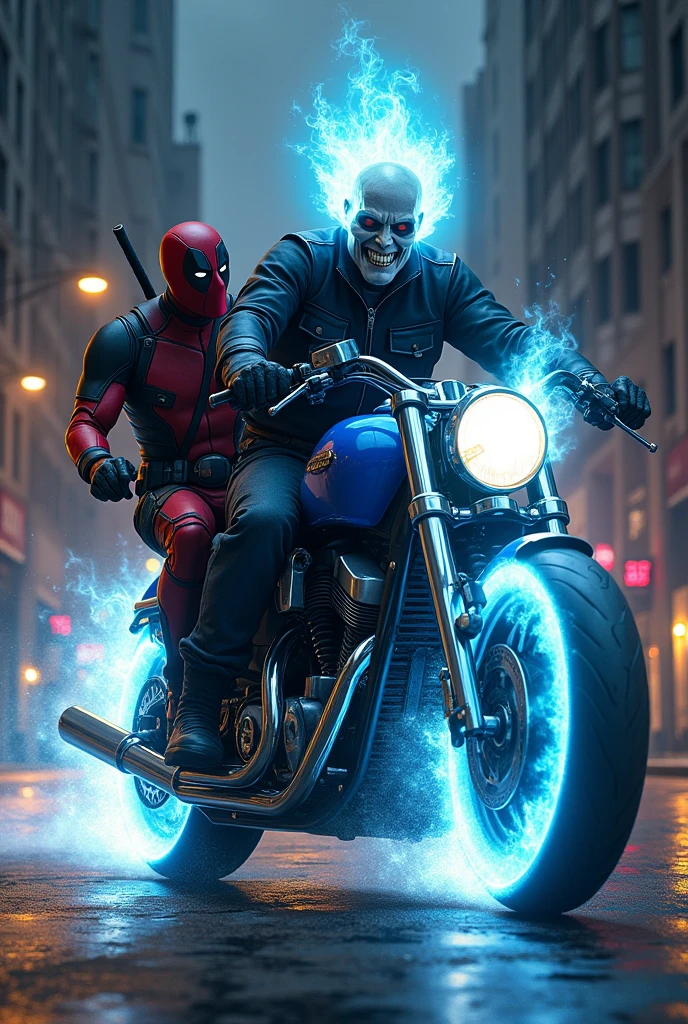 Ghost Rider rides a motorcycle past Deadpool who is riding a motorcycle in front and then turns to sneer.