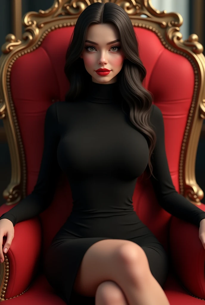 Pretty 25 yrs old girl with long hair wearing black turtle neck dress and red lipstick sitting in the red royal chair putting the 2 hand in armchair. 3D semi animated portrait full image