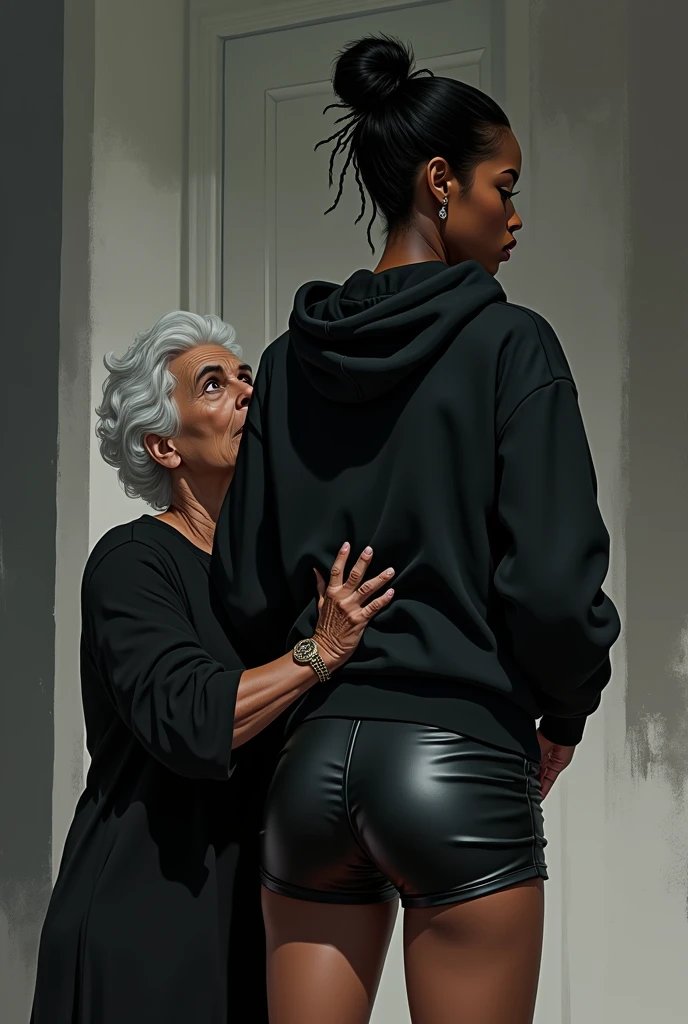 black woman hair in a bun black hoodie black leather short shorts rea;;y in shock as a old grandma in a dress on her knees kissing her ass behind her hand is in her ass holding her ass
