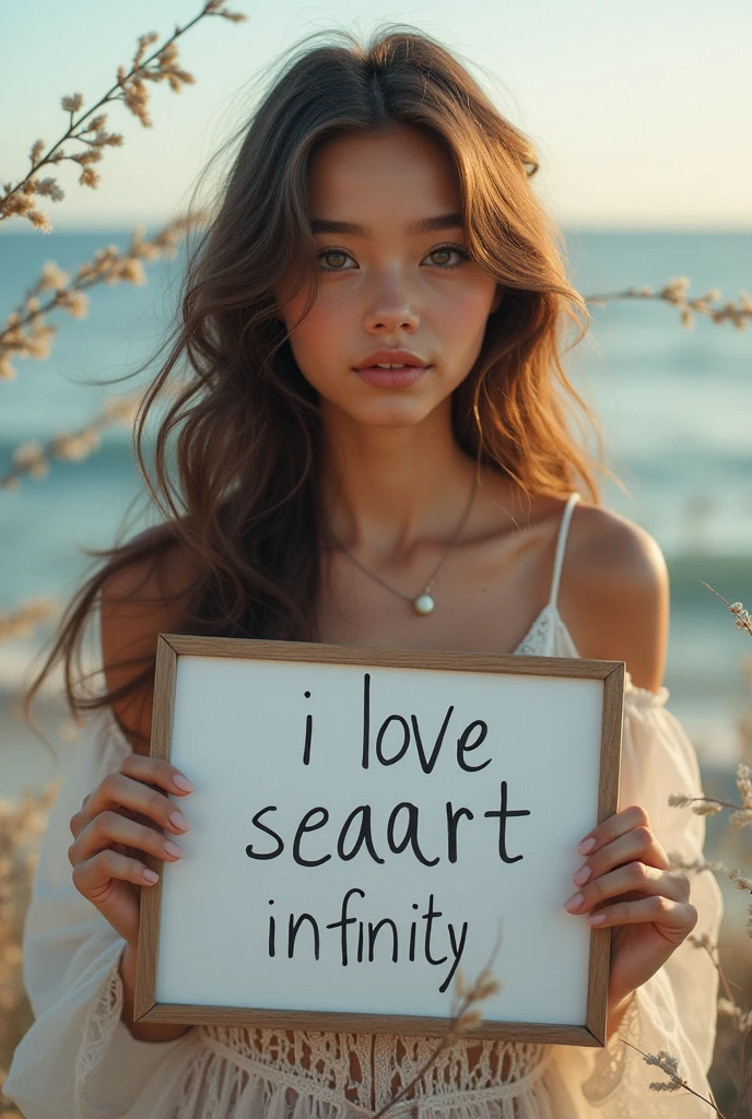 Beautiful girl with wavy long hair, bohemian dress, holding a white board with text "I Love Seaart Infinity" and showing it to the viewer