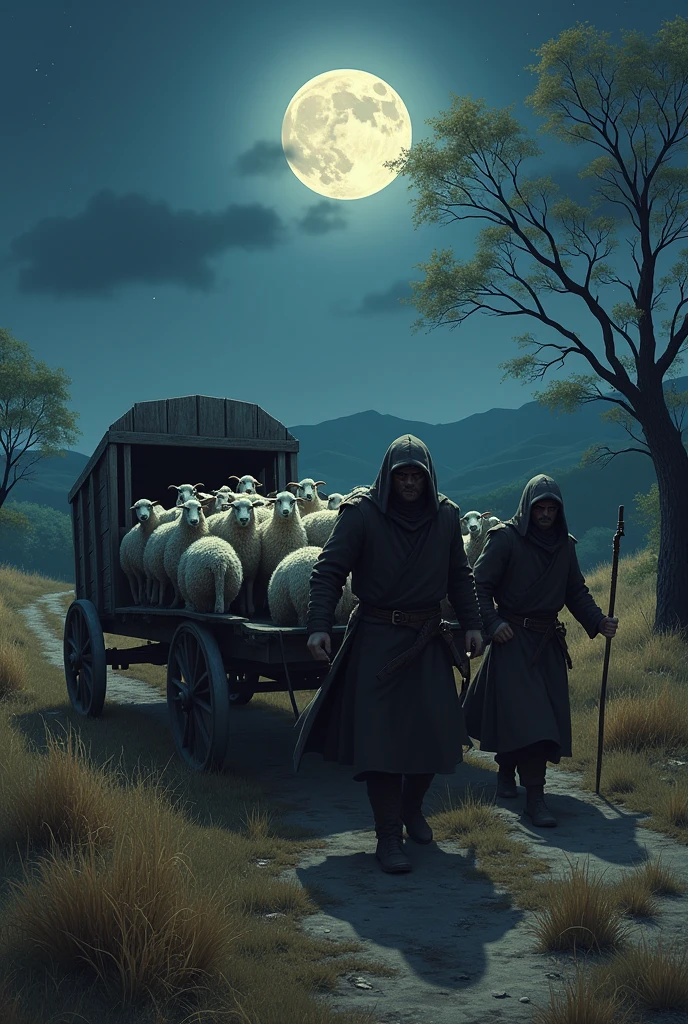 Thieves stealing sheep and putting them in a cart