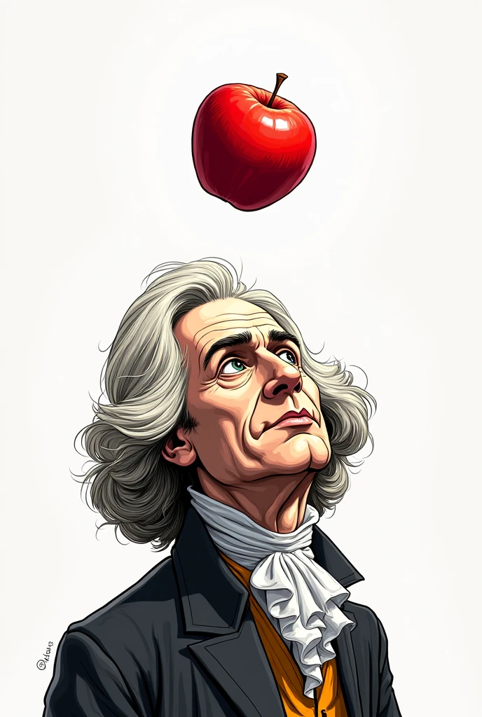 Apple falls in Newton's head , make Newton draw with marker , don't make his body realistic 