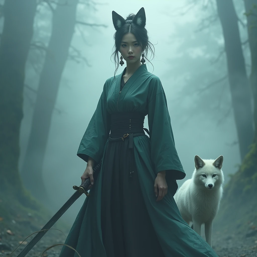 The mysterious maid (Musashi Miyamoto) Wielding a long Japan sword, Split with a powerful blow、Wrapped in a fog that blocks visibility, Revealing a vivid and otherworldly scene, The clarity of a sword strike against a blurry background, Mysterious Background, The white fox&#39;s sharp gaze met the viewer&#39;s eyes.., A mysterious layer of mist covers the foreground, Earrings, Clear Eyes, Exquisite and delicate kimono, Dramatic lighting and colors