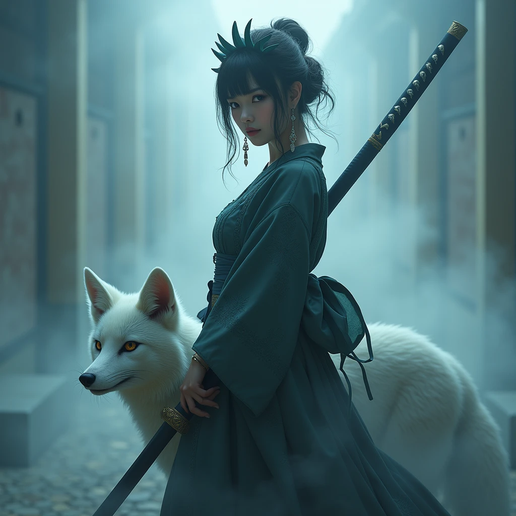 The mysterious maid (Musashi Miyamoto) Wielding a long Japan sword, Split with a powerful blow、Wrapped in a fog that blocks visibility, Revealing a vivid and otherworldly scene, The clarity of a sword strike against a blurry background, Mysterious Background, The white fox&#39;s sharp gaze met the viewer&#39;s eyes.., A mysterious layer of mist covers the foreground, Earrings, Clear Eyes, Exquisite and delicate kimono, Dramatic lighting and colors