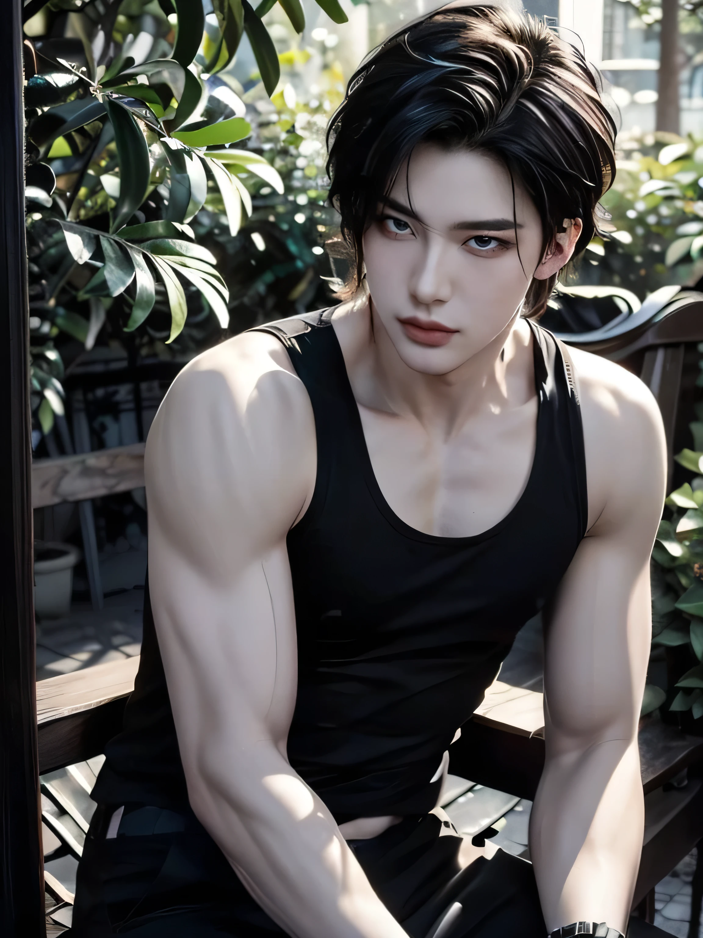 "Cinematic composition of a handsome and charming young man in his 20s with a Sleek and Straight Long Hairstyle men, glowing skin, and a perfectly sculpted body. He wears a men's black tank top, black pants. The man poses confidently and relaxed like a sigma male in a somewhere park setting, with beauty flowers in background. The lighting emphasizes his toned physique and radiant skin, creating a powerful yet relaxed atmosphere, trending on ArtStation."