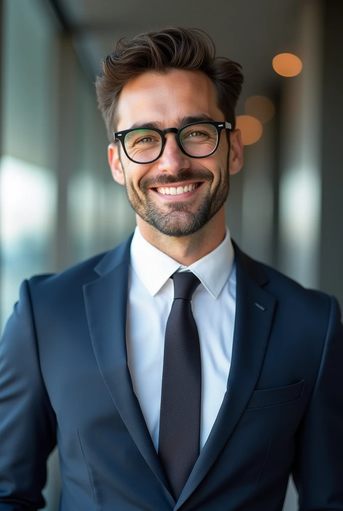 A successful happy man wearing tie coat and glass . A Man who can lead people who can motivate people who can guide people.age 33 . It should be looking professional. I need a photo ratio 9:16 the photo should be cover the Thai also. He should be look very handsome and his face should be look perfect and he should be looks like Indian or Bangladeshi
