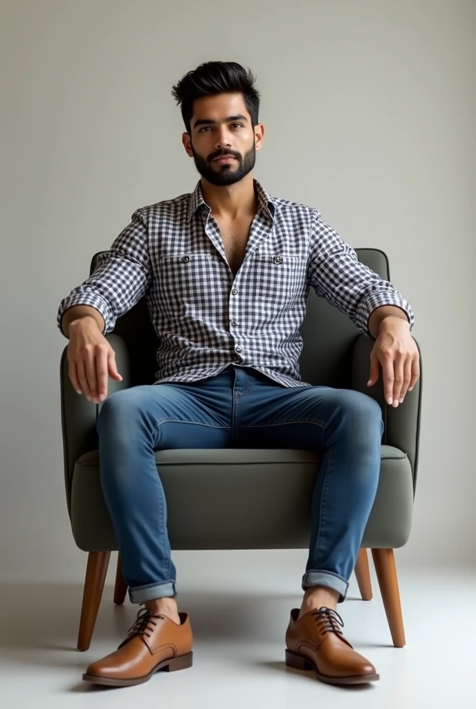 The young man his name is ketan and this is sitting on chair in style position smart look to jeans and check shirt to wear to body 


