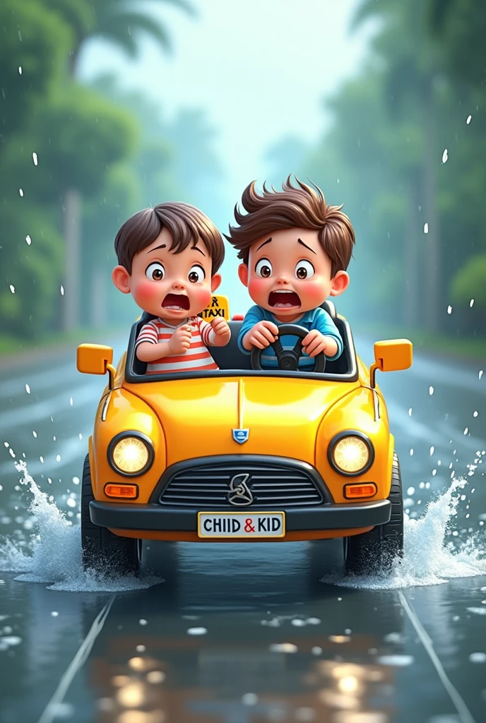funny YouTube thumbnail for title 'slow and frustrated' about wet road addressed by our project innovation
make it horizontal
make A frustrated kid driving a cute toy taxi car with another kid on flooded road with number plate CHILD & KID
make it cartoony