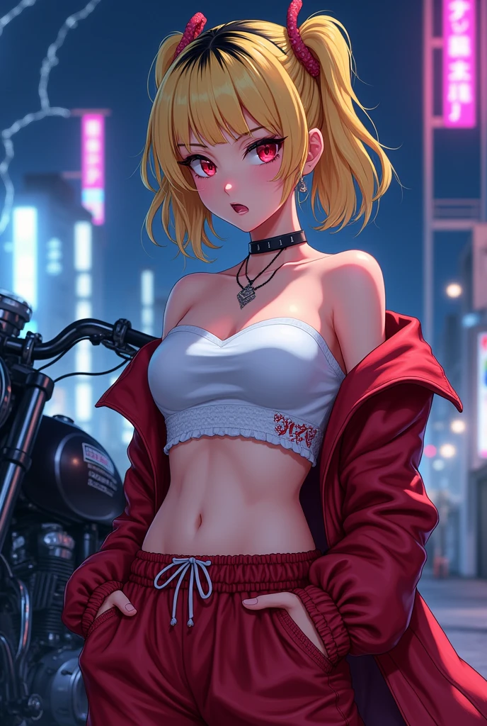 night、port、White tube top t-shirt、Showing underboob、Red leather long coat、Red drawstring sweatpants、embroidery、Bakusozoku、Yankee、Belly button、Showing underboob、Blonde、Black hairline、Wide forehead、short hair with twin tails、Get angry、lightning、dragon、bike、illumination、Showing underboob、See-through、cute、bright、Pink Panties