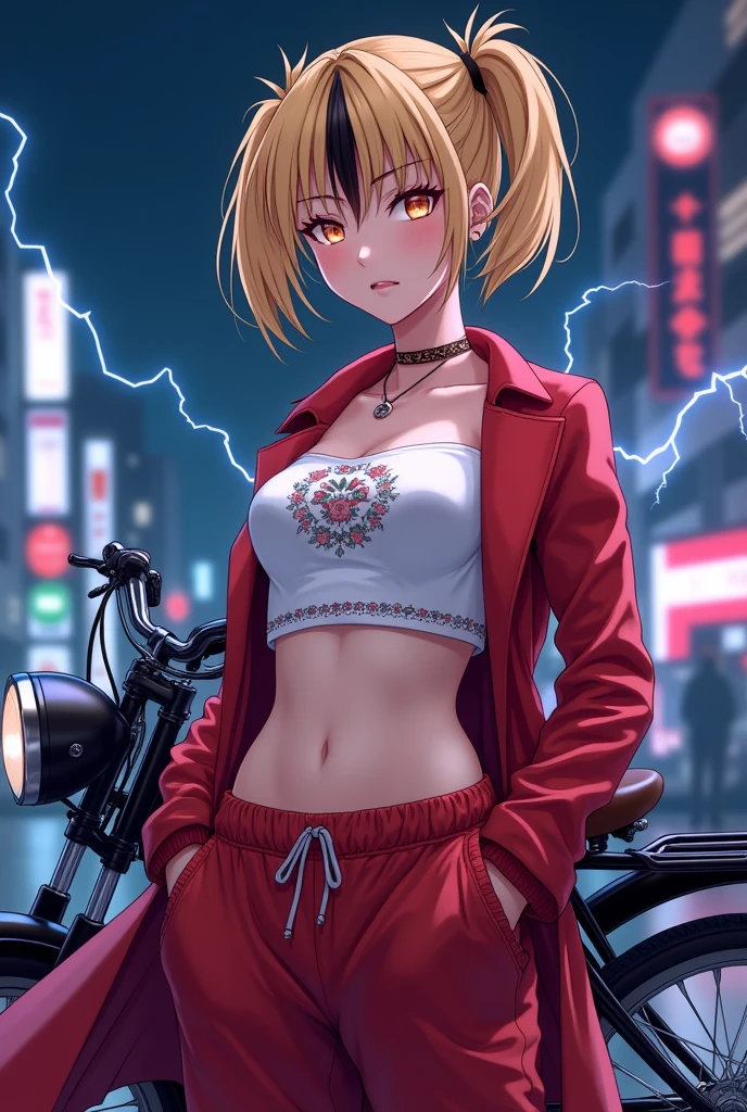 night、port、White tube top t-shirt、Showing underboob、Red leather long coat、Red drawstring sweatpants、embroidery、Bakusozoku、Yankee、Belly button、Showing underboob、Blonde、Black hairline、Wide forehead、short hair with twin tails、Get angry、lightning、dragon、bike、illumination、Showing underboob、See-through、cute、bright、Pink Panties