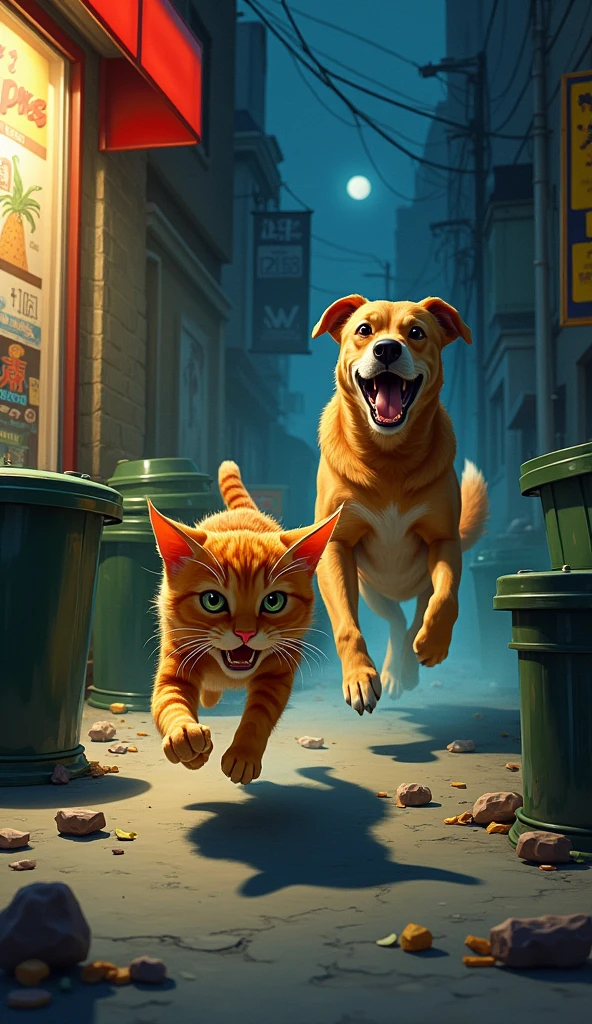 Scene 5: The Dog Chase
Location: An Alleyway Behind a Restaurant
The orange cat is startled by the sudden appearance of a large dog. The dog barks and chases the cat, which sprints away, knocking over trash cans as it flees into the night.