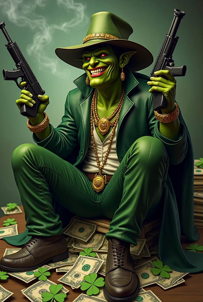 Green mafia goblin in hat with earrings, gold watches and chains , laughing and with 3 guns in his hand sitting on a lot of money and clovers and smoking tobacco with red eyes
