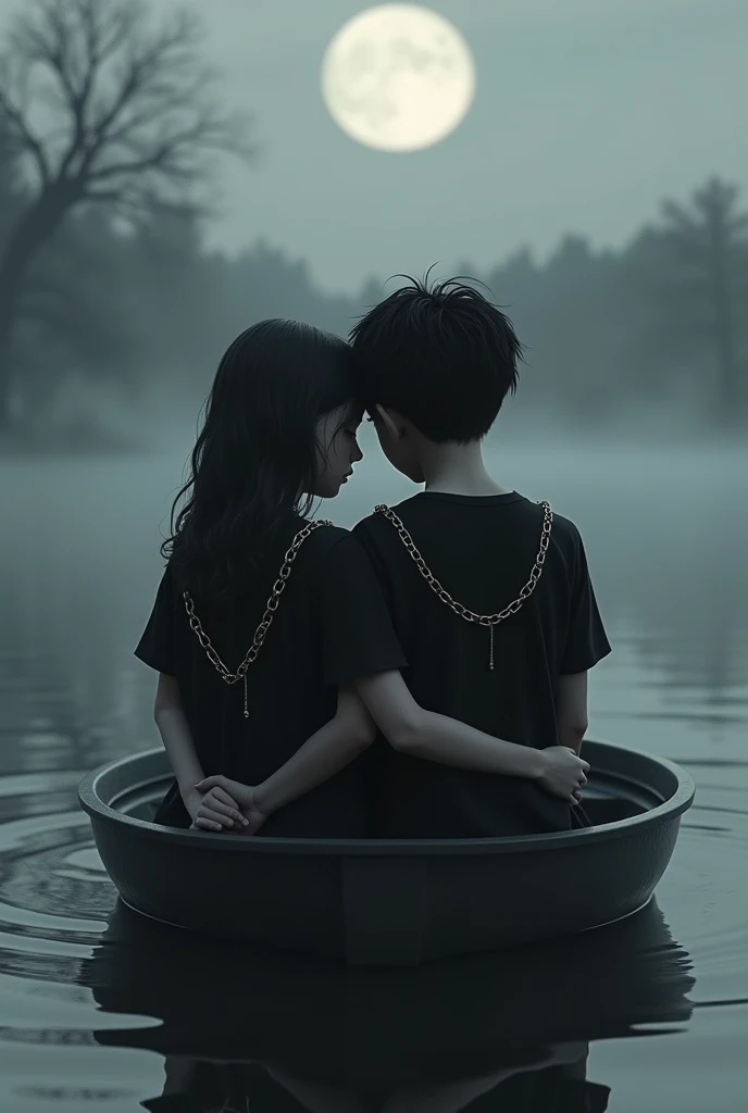 Create 3D image.one boy and girl heart broked heart.the boy and girl wear black colour full sleeve tshirt had a little chain .they are sitting the smoke boat at Lake one moon.They are  with hug feel sad.
