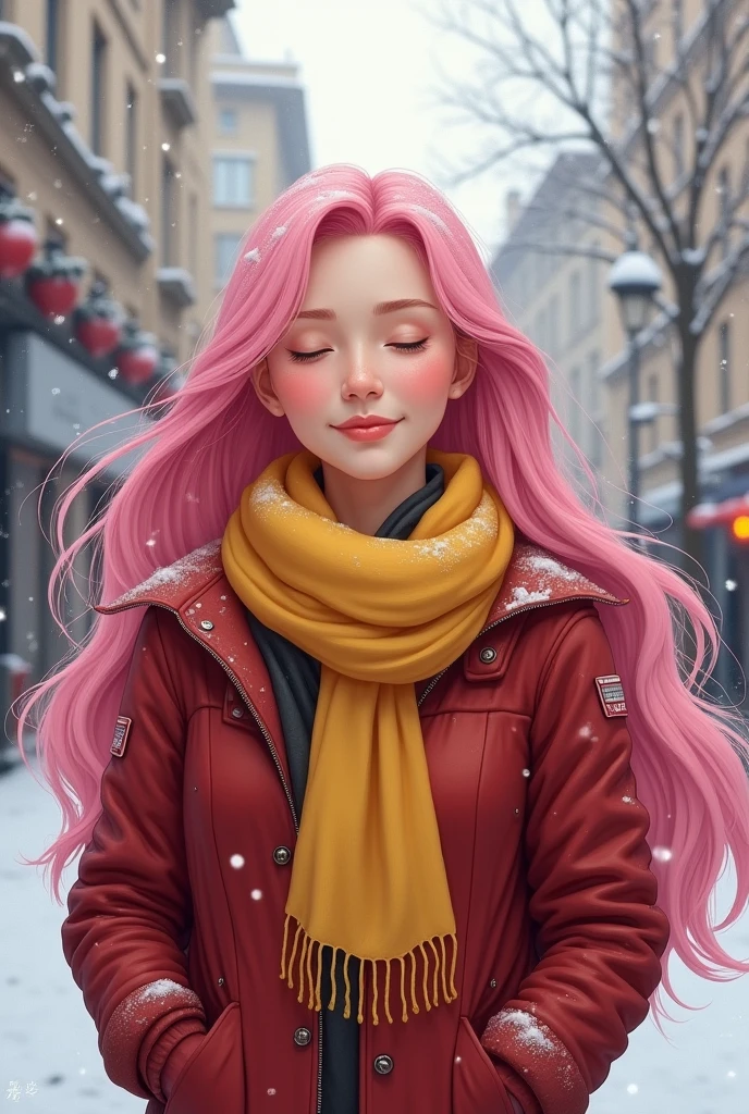 Pink hair. Eyes closed. Girl. Female. Mature. Middle age. Yellow scarf. Red jacket. Streets. Snowing. Eyes closed. Smiling. Long hair.