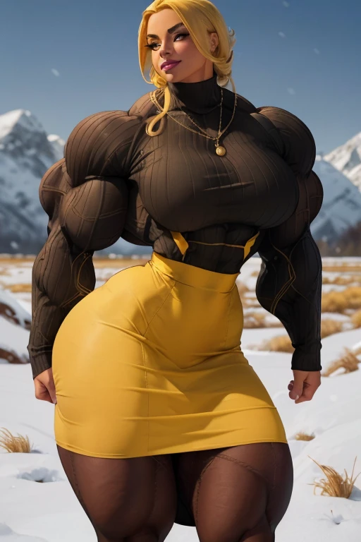 (Close-up), tall, (yellow hair), beautiful muscular Latina woman, long flowing, light brown skinned, closed smile, (black lipstick), (massive muscles), (hyper muscle), ((ginormous bulky muscles)), gray eyes, ((yellow long sleeve turtleneck sweater dress, yellow pencil skirt)), (hose), brown boots, choker, snow field