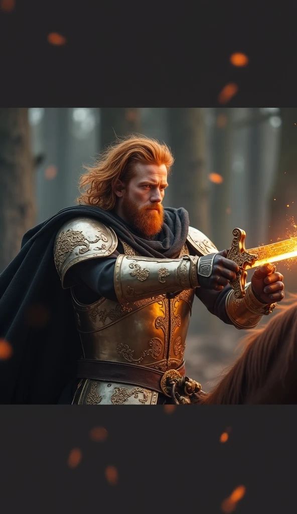 A male warrior ginger hair riding on a hors, ornate sword with both hands, illuminated by a fiery orange aura that highlights intricate golden designs on the blade and hilt; rugged expression, dark tousled hair flowing freely, clad in elaborate metallic Armor with a dark cloak draping over his back; misty twilight forest background with dark looming trees, smoky ethereal air, glowing embers and sparks around; earthy browns, oranges, and golds dominate the scene, contrasting shot on Sony A7S III, f/ 9. 0, 1/ 500, sharp focus 64k unsaturated, masterpiece, best quality cinematic Sony A7S III, shallow depth of field, 100mm f/2.4, natural light, cinematic, widescreen aspect ratio, Cinematic Dramatic, inside epic place, epic background, Sci-fi film style, natural textures, hyper-maximalist, sharp focus, dynamic pose.