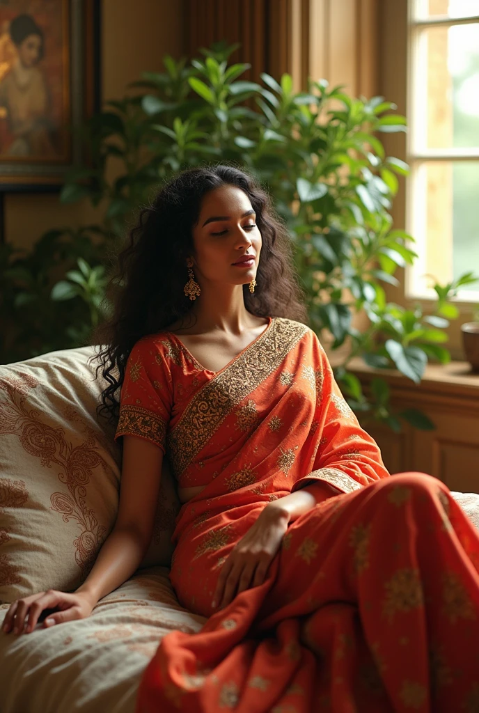 (photorealism:1.2), beautiful indianwoman, sitting on bed, wearing saaree, pajama pants, long curly hair, indoors, soft lighting, plants in background, window with sunlight, cozy room, relaxed pose, realistic, intricate details, warm colors, by Greg Rutkowski, by Alphonse Mucha