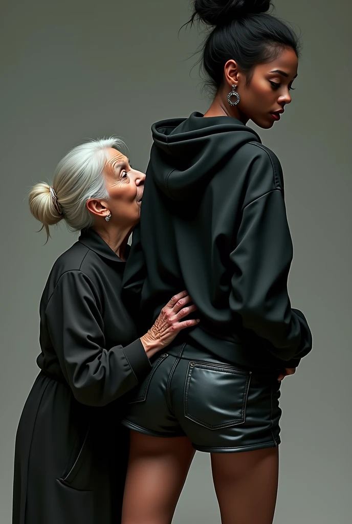 black woman hair in a bun black hoodie black leather short shorts rea;;y in shock as a old grandma in a dress on her knees kissing her ass behind her hand is in her ass holding her ass