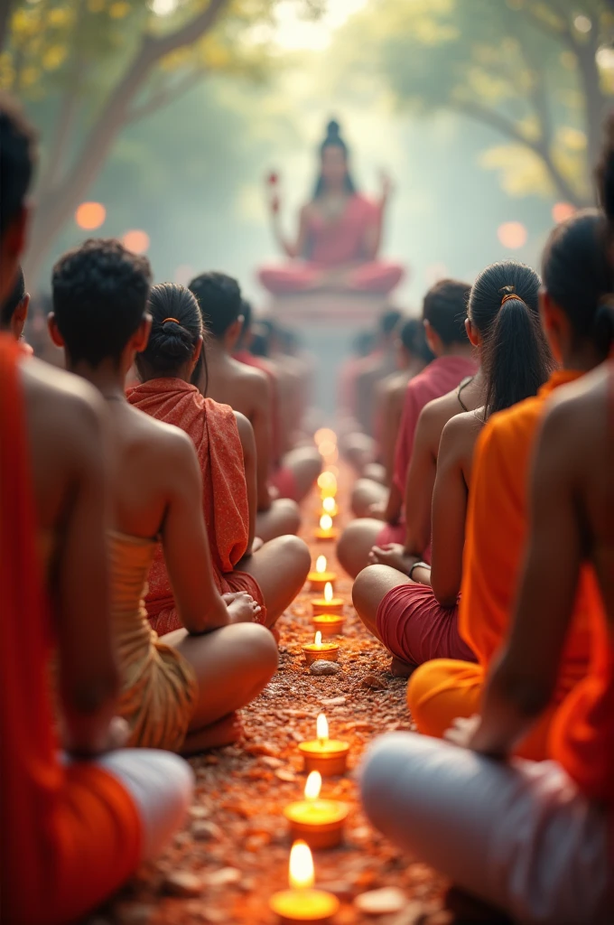 Cretae a hindu religious blur background in which so many peoples are sitting