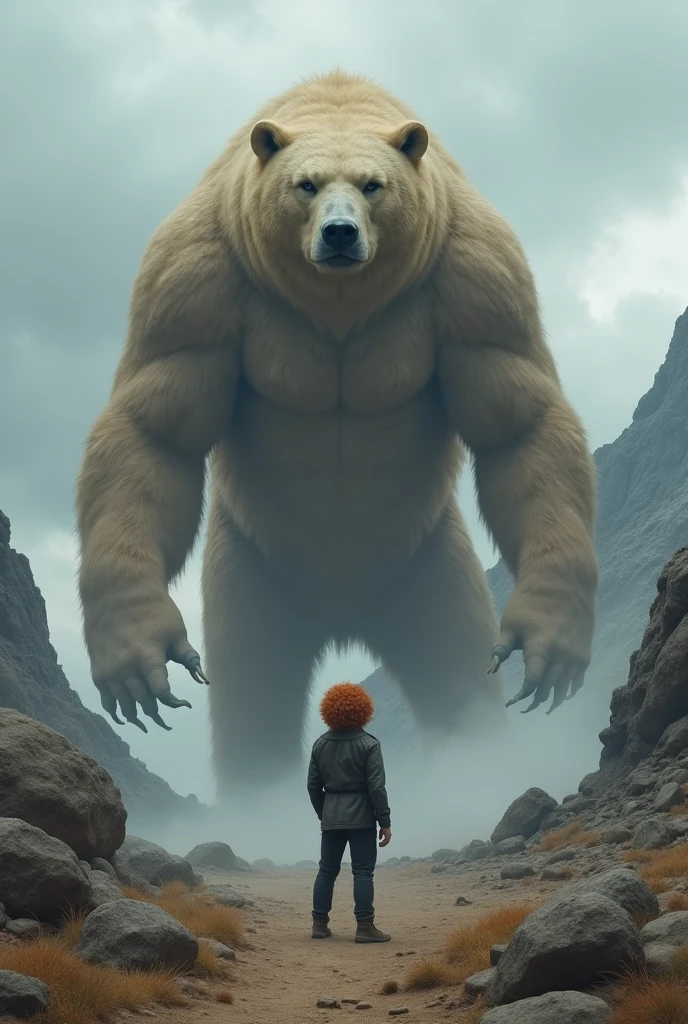 On a mountain in gray weather, a man with curly red hair stands calmly in front of a giant sand-bear calm 