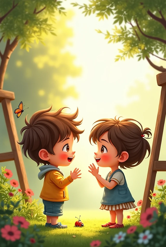 *Prompt* Create a Two kids conversation Story with cute pictures