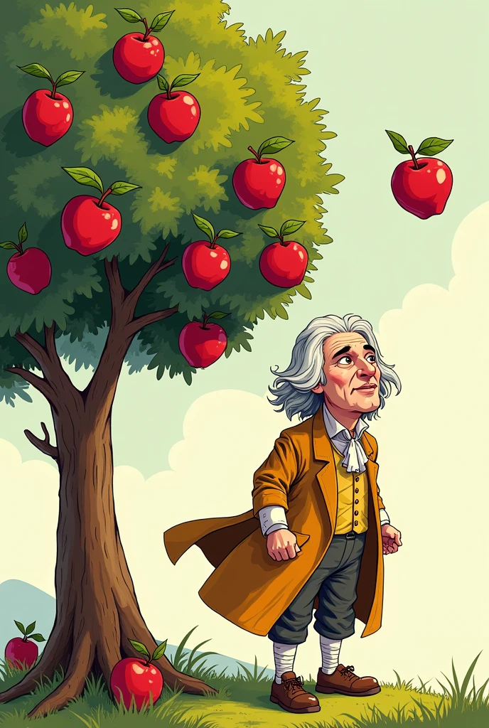 Apple falls in Newton's head , make Newton draw with marker , don't make his body realistic , add apple tree as background