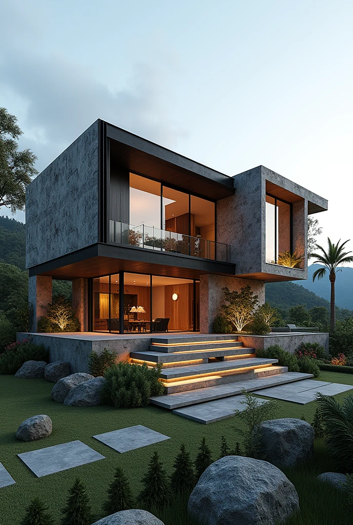 Exterior of house, contemporary style, inspired of norman forster, stone with steel frame facade, beautiful landsacape, raw photo, 8k uhd, dslr, sort lighting