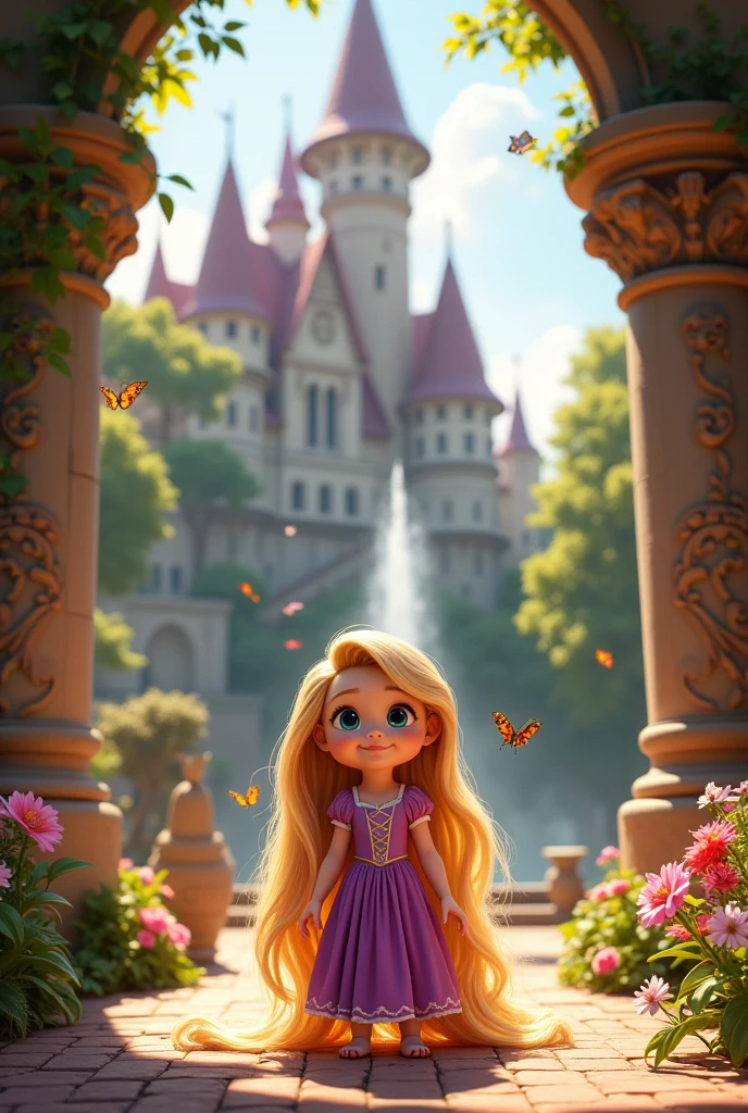 "A little 6-year-old girl, blonde and green-eyed, in a simple pink dress, with her back to the viewer, looking at a fantastic world, verdant fields, dark woods, winged ponies, rainbows, castle in the background."