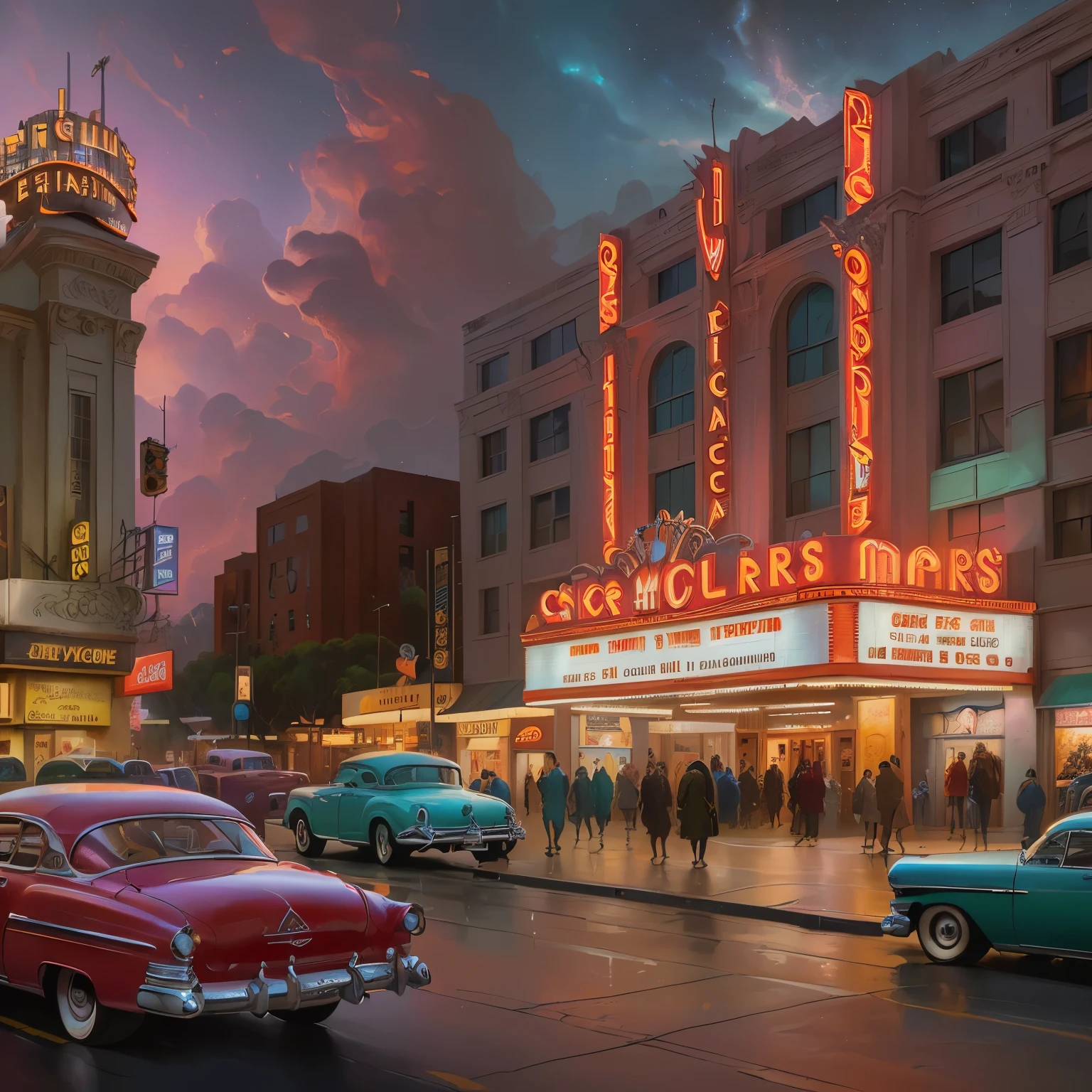 cars are parked on the street in front of a theater, 1 9 5 0 s concept art, dan mumford and pixar, rob rey, magic realism matte painting, 1 9 5 0 s concept art ) ) ), hollywood scene, beautiful retro art, dan mumford and thomas kinkade, by Eric de Kolb, sci-fi hollywood concept art, by Howard Lyon