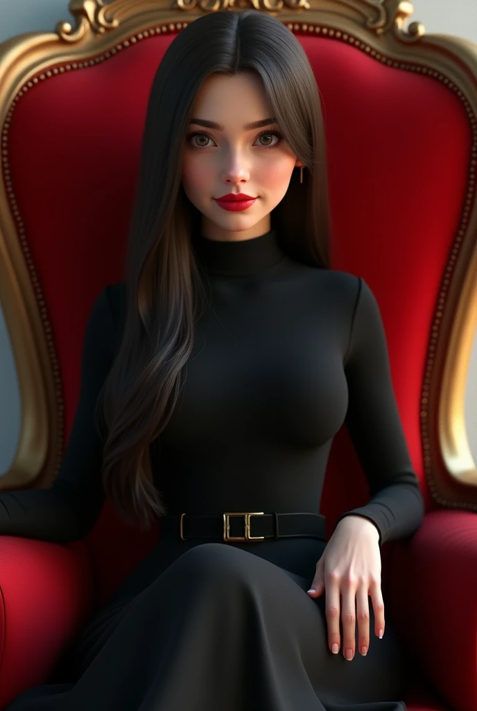 Pretty 25 yrs old girl with long hair wearing black turtle neck  long dress and red lipstick sitting in the red royal chair putting the 2 hand in armchair. 3D semi animated portrait full image