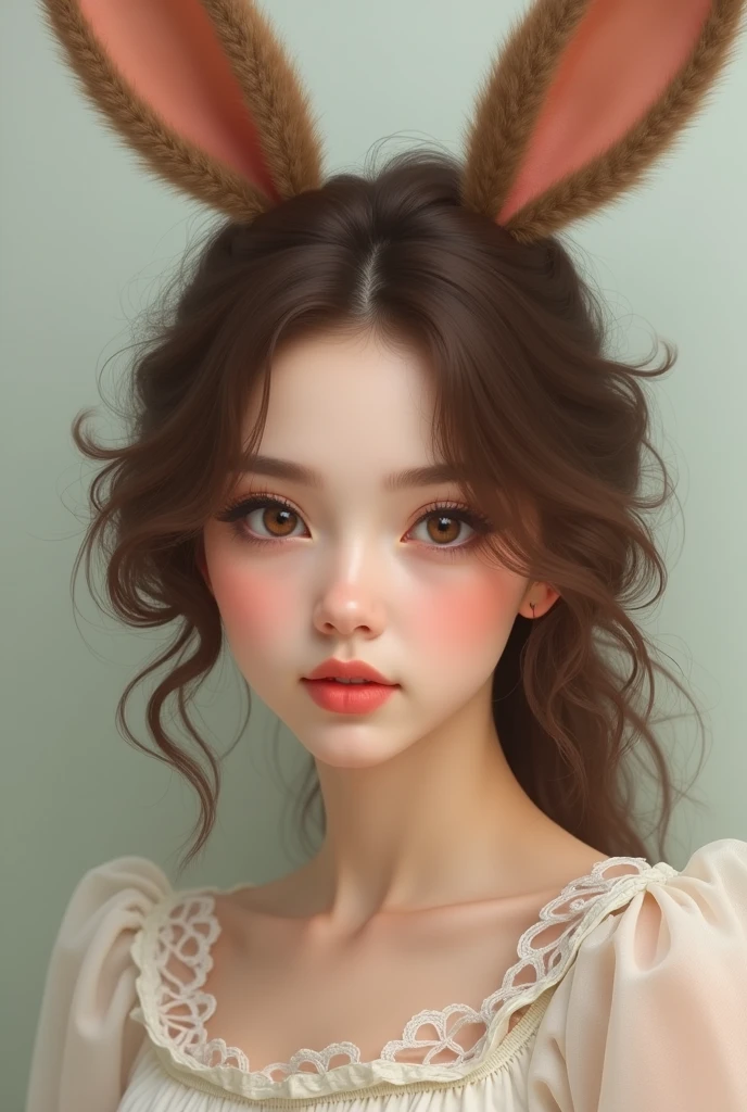 A sweet woman with curly brown hair and brown eyes. She has fluffy brown bunny ears. 