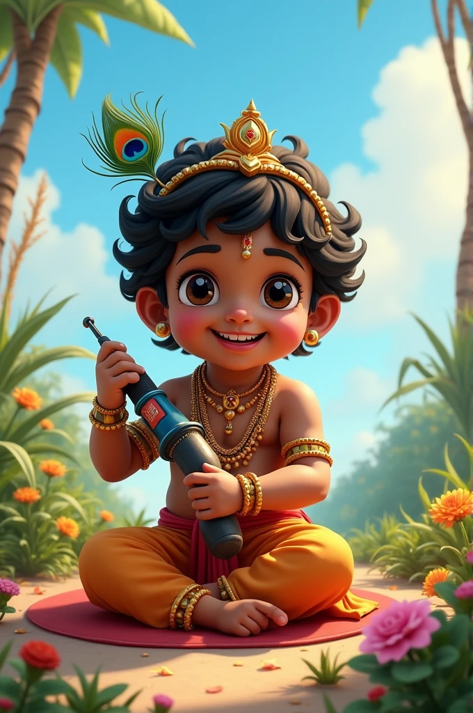 Generate an image of animated baby lord Krishna holding a drilling machine in his hand