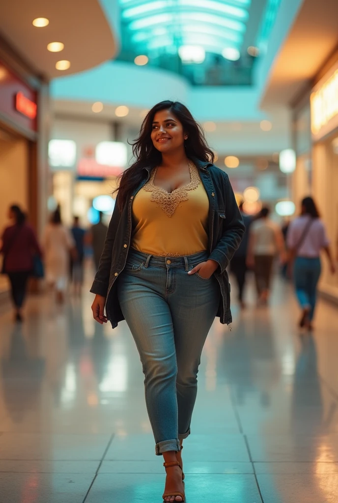 portrait of a very short and thick voluptuous smiling Indian woman with huge saggy breasts wearing trendy kurti with a jacket and denims walking through an empty shopping mall looking back, riot of colors, epic lighting, fine art, dreamlike atmosphere, soft cinematic focus, anamorphic lens flares, masterpiece, by tinto brass,
