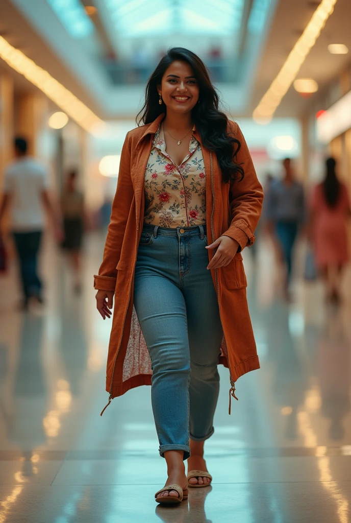 portrait of a very short and thick voluptuous smiling Indian woman with huge saggy breasts wearing trendy kurti with a jacket and denims walking through an empty shopping mall looking back, riot of colors, epic lighting, fine art, dreamlike atmosphere, soft cinematic focus, anamorphic lens flares, masterpiece, by tinto brass,