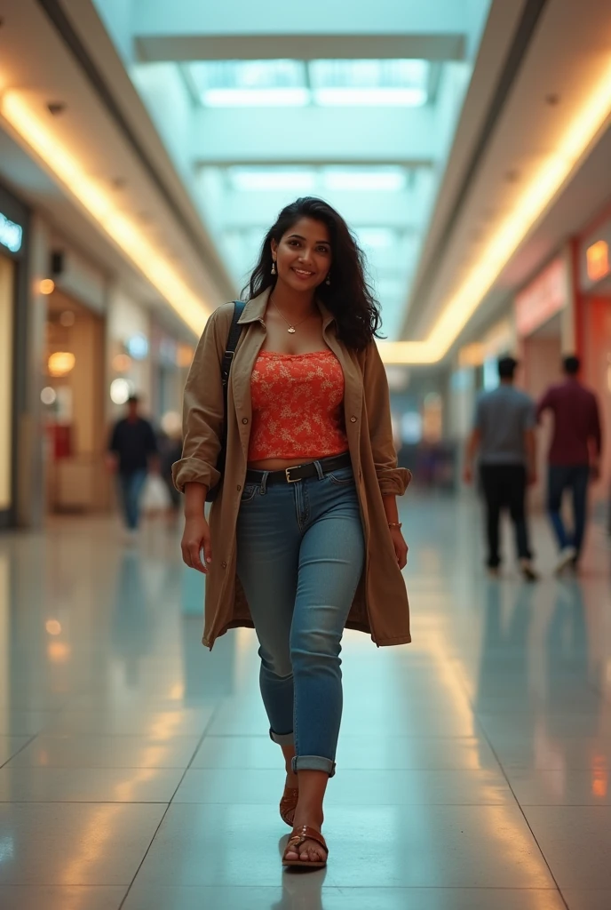 portrait of a very short and thick voluptuous smiling Indian woman with huge saggy breasts wearing trendy kurti with a jacket and denims walking through an empty shopping mall looking back, riot of colors, epic lighting, fine art, dreamlike atmosphere, soft cinematic focus, anamorphic lens flares, masterpiece, by tinto brass,