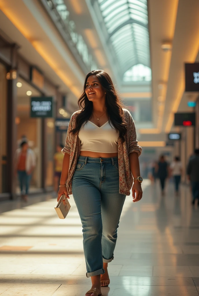 portrait of a very short and thick voluptuous smiling Indian woman with huge saggy breasts wearing trendy kurti with a jacket and denims walking through an empty shopping mall looking back, riot of colors, epic lighting, fine art, dreamlike atmosphere, soft cinematic focus, anamorphic lens flares, masterpiece, by tinto brass,
