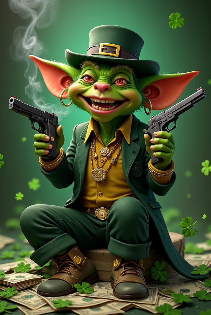 Green mafia goblin in hat with earrings, gold watches and chains , laughing and with 3 s in his hand sitting on a lot of money and clovers and smoking tobacco with red eyes and smoke coming out