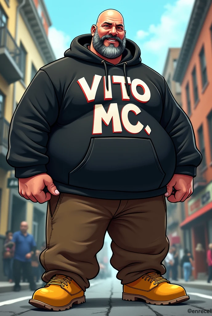 White rapper 90 kg 1.70 tall bald black beard with gray hair and mustache black hoodie and have graffiti pro on the hoodie that says Vito Mc brown baggy pants with yellow boots cartoon