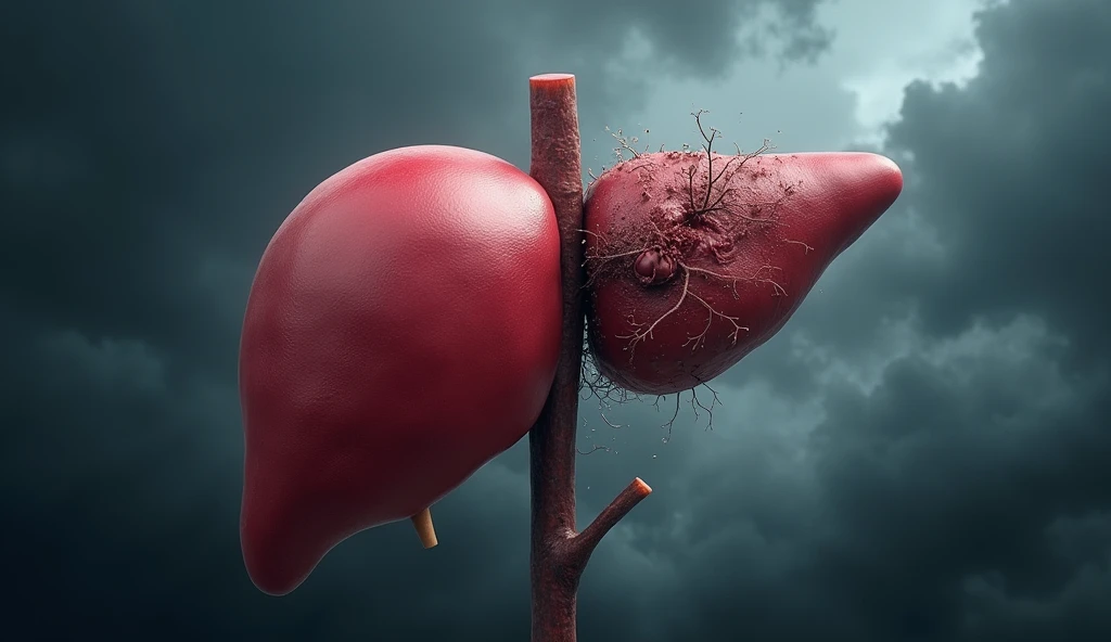 A split image showing a healthy liver and a deteriorating liver side by side, with dark, ominous clouds looming over the deteriorating side.
