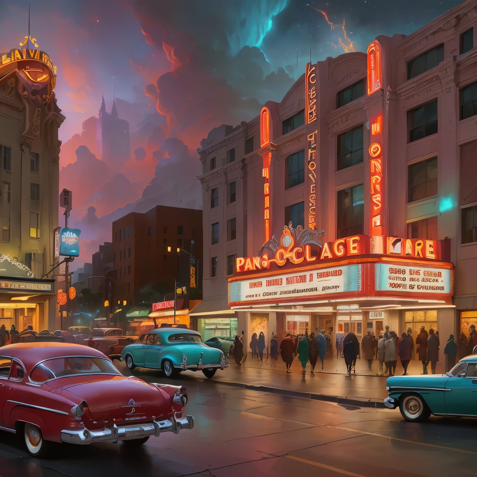 cars are parked on the street in front of a theater, 1 9 5 0 s concept art, dan mumford and pixar, rob rey, magic realism matte painting, 1 9 5 0 s concept art ) ) ), hollywood scene, beautiful retro art, dan mumford and thomas kinkade, by Eric de Kolb, sci-fi hollywood concept art, by Howard Lyon