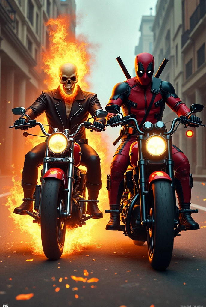 Ghost Rider rides a motorcycle in front of Deadpool who rides a motorcycle. Ghost Rider turns to taunt Deadpool.