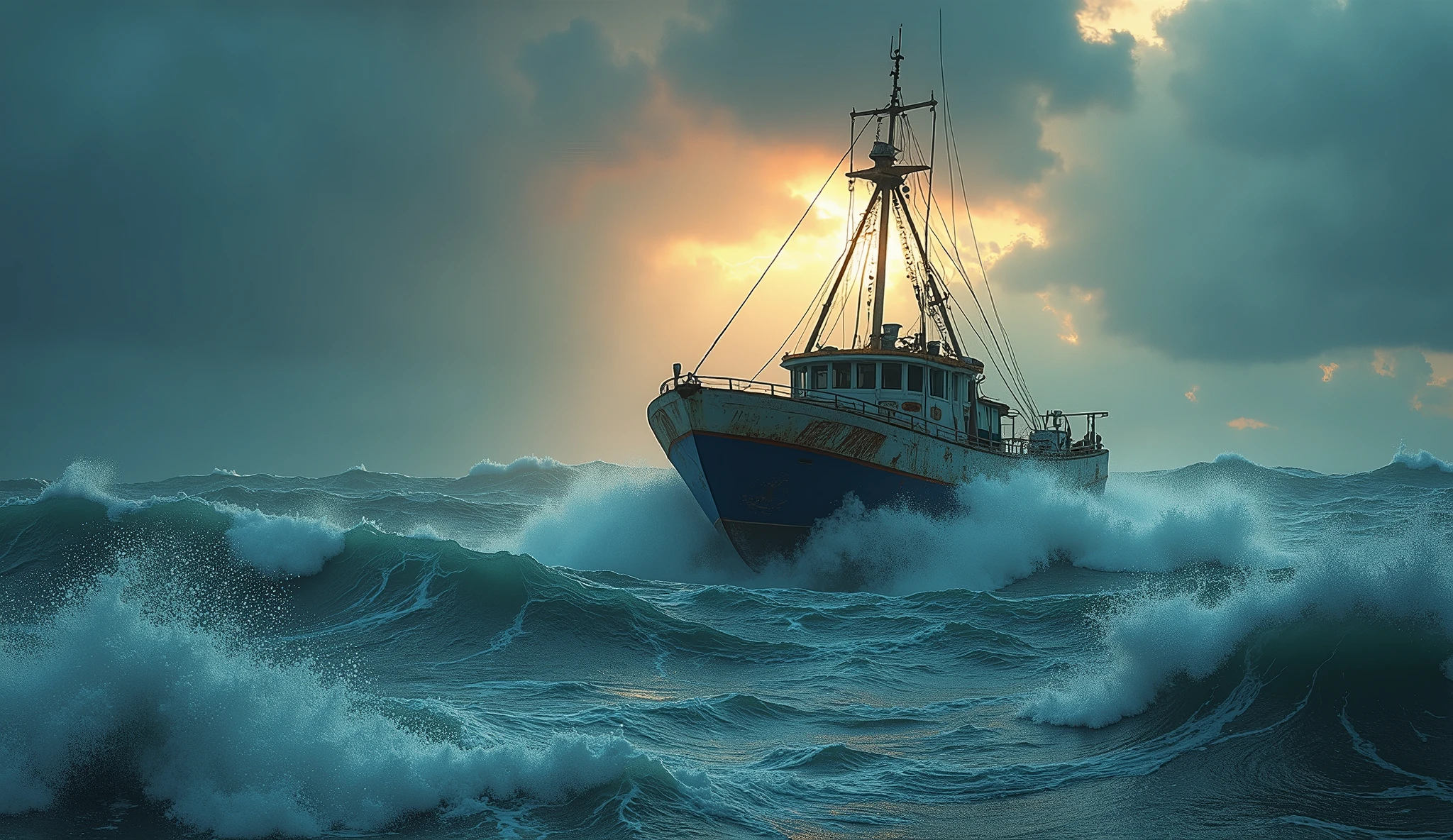 (barco cangrejero, crab boat, stormy sea, rough waves, raging storm, dramatic seascape, dramatic lighting, cold color tones, moody atmosphere, cinematic, (best quality,4k,8k,highres,masterpiece:1.2),ultra-detailed,(realistic,photorealistic,photo-realistic:1.37),dramatic lighting,cinematic composition,dramatic color palette,epic scale,powerful waves,turbulent waters,gloomy sky,ominous clouds) multicolored ocean, psychedelic moving waves, orange hues, sunrays,