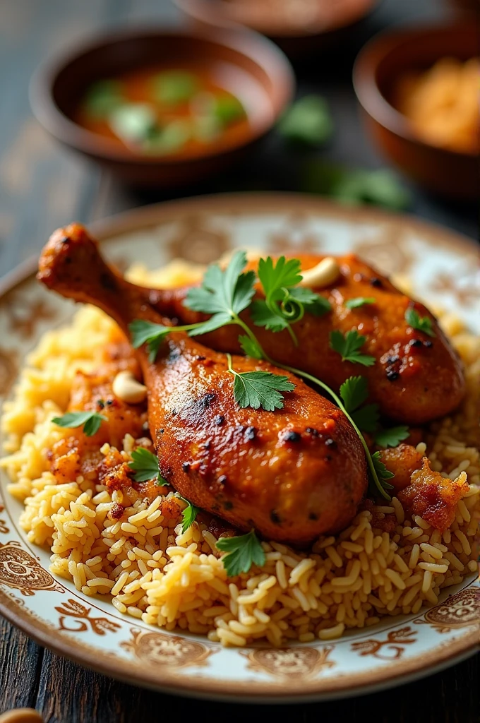 Create a chicken biryani with chicken leg quarters in beautiful plate