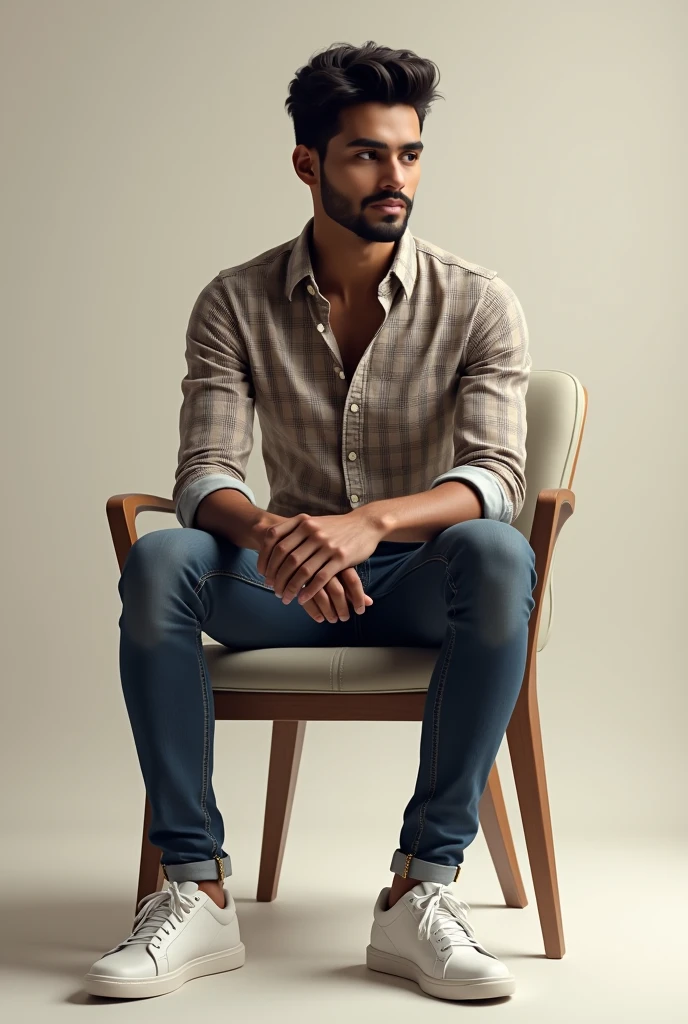 The young man his name is ketan and this is sitting on chair in folding legs style position smart look to jeans and check shirt to wear to body