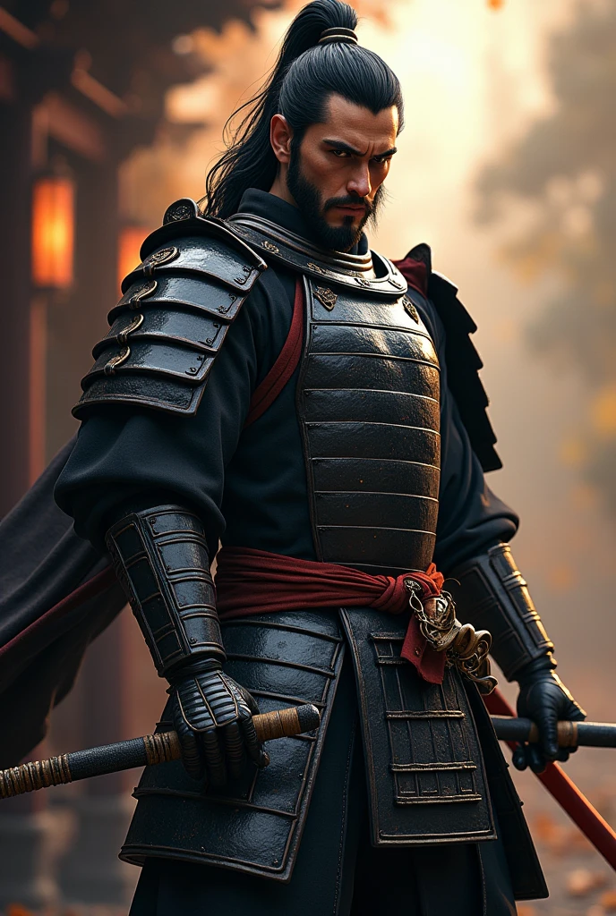 samurai warrior, ((masterpiece, highest quality, Highest image quality, High resolution, Raw photo, 8K)), ((Extremely detailed CG unified 8k wallpaper)), (huge stunning warrior shot, full body, jaw-dropping masculinity, perfect proportions, beautiful body, musclural body beauty:1.4), black hair, black hair, nervous, Posing for the camera, Wearing samurai armor, In a warrior fighting stance, photorealistic, 16k, 8k, 4K, award winning