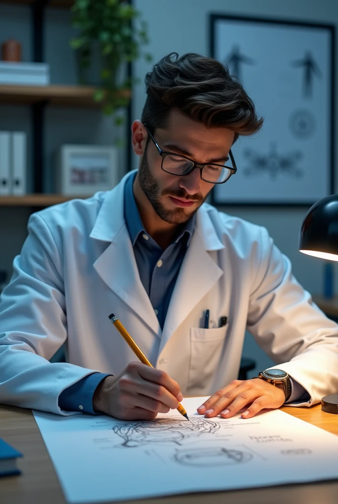 Generate an image of a doctor, dressed in a white lab coat, sitting at a desk and carefully sketching on a piece of paper. The doctor should be focused, with a pencil in hand, and medical books or tools scattered around the desk. The background should resemble a modern clinic or doctor's office, with subtle lighting that emphasizes the sketch the doctor is working on. The sketch itself could be of a medical diagram or a simple anatomical drawing."